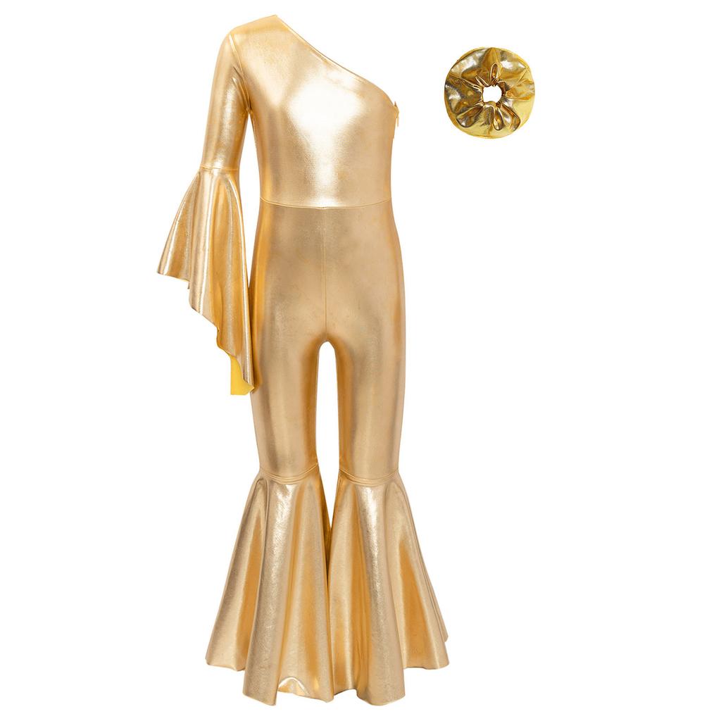 Fete Costum de Dans Lucios Pantaloni Clopot Mânecă Evazată Mânecă Un Umăr Jumpsuit Fashion Accesorii de Păr Piesă de Cap pentru Spectacole