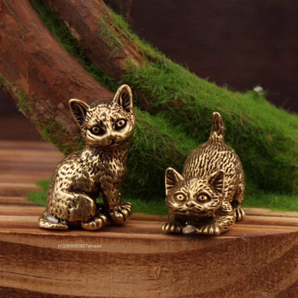 Brass Cute Cat Pocket Holder Vintage Small Tea Pet Ornament Animal Pussycat Figurines Miniatures Desk Decorations