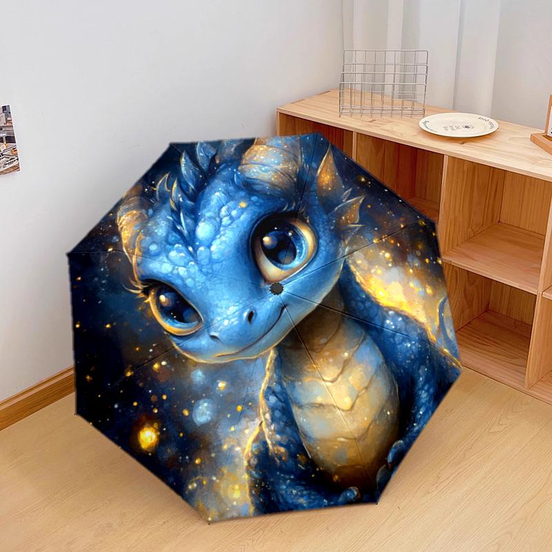 1 Stück Automatischer Faltregenschirm - Blaues Drachenmuster, Tragbares & Faltbares Design mit 8 Speichen, Weihnachts-Geburtstagsgeschenke