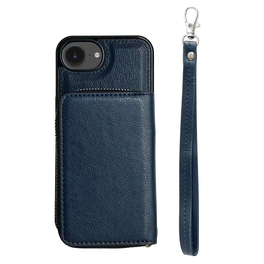 For iPhone 16e Case Detachable Zipper Card Bag PU TPU Kickstand Phone Case with Strap