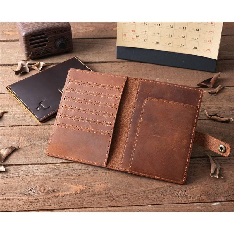 Unisex Vintage Crazy Horse Leather Passport Wallet Genuine Leather Card Holder with Buckle Multi-Card Slots Coin Pocket Ready Stock for Travel
