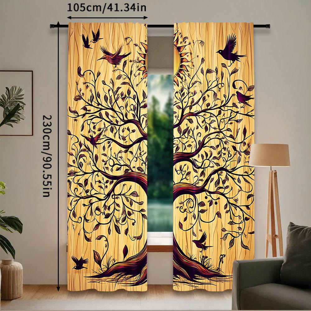2Pcs Ethnic Curtain Vintage Tree Of Life Sun And Birds Animals On Branches Enchanted Suitable For Bedroom Living Room Dining
