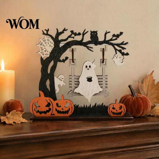 Handmade Wooden Halloween Scenes Funny Desktop Swing Decor, Spooky Home Decor for Living Room Craft Activities Tabletop, Gothic Fall Themed Ornament,