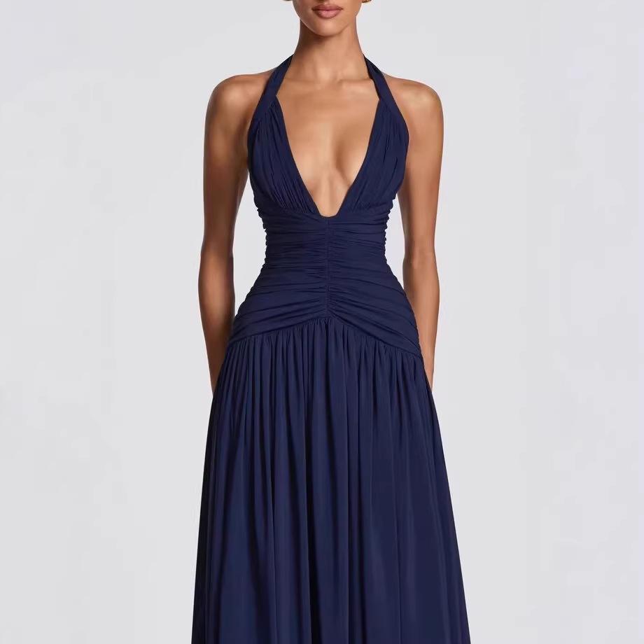 European and American new women's clothing, solid color neck-hanging split dress, sexy deep V-neck waist-pleated long dress