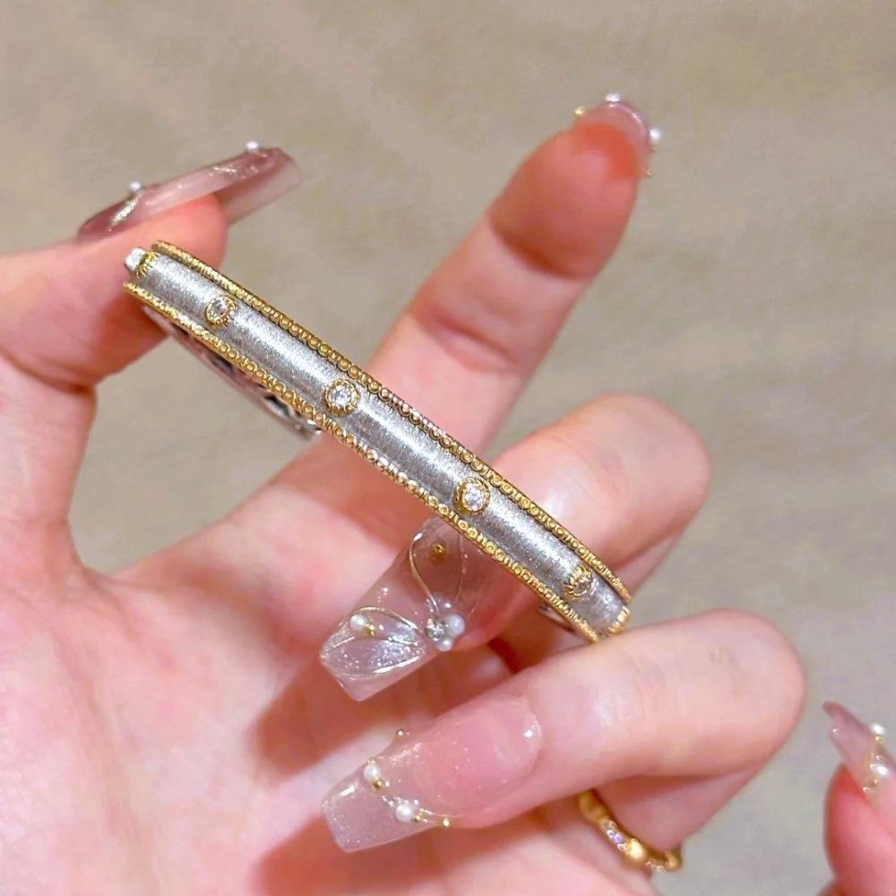 Italian Buccellati Craft Textured Gold Bracelet Diamond Accent Two Tone Ring Narrow Open Bangle Women