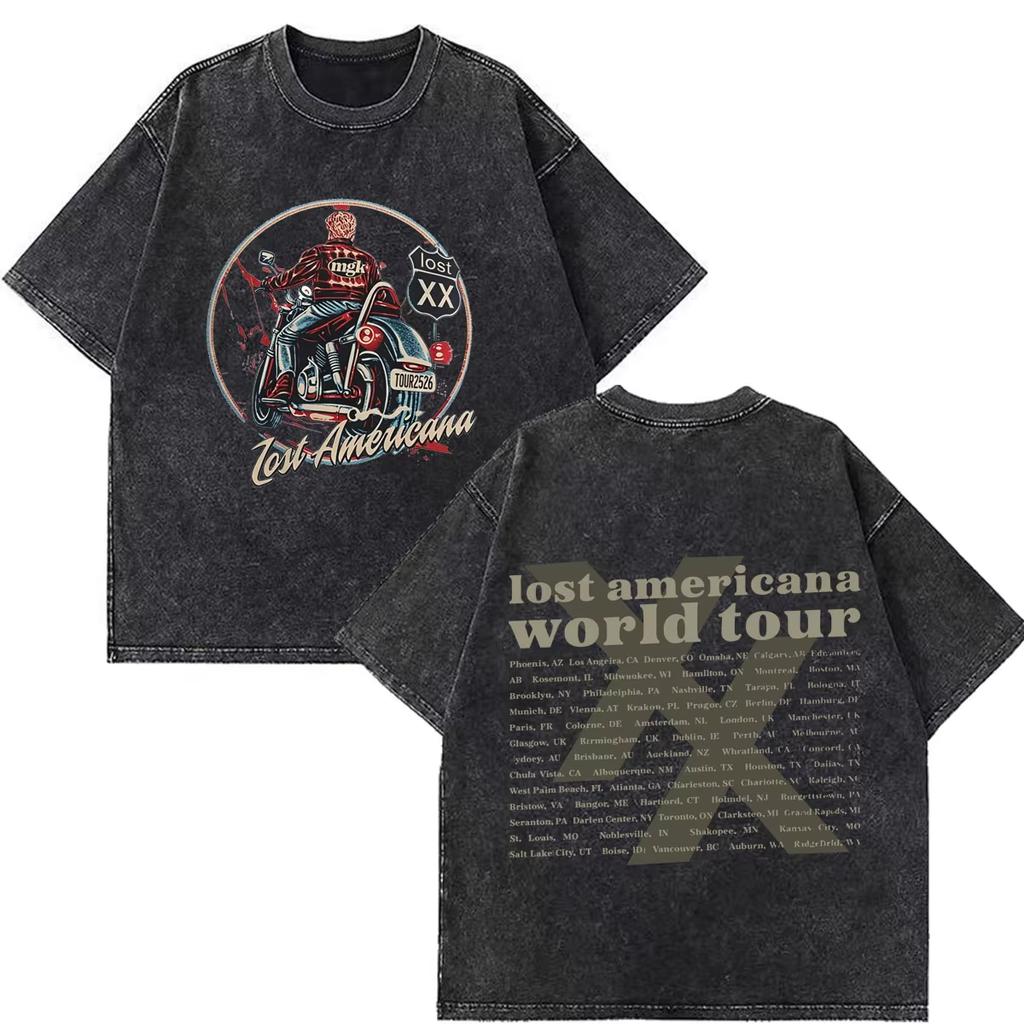 Hot Sale MGK Lost Americana Tour 2026 Print Vintage Washed T-shirt Men Women Fashion T-shirts Summer Oversized Short Sleeve Casual Clothing