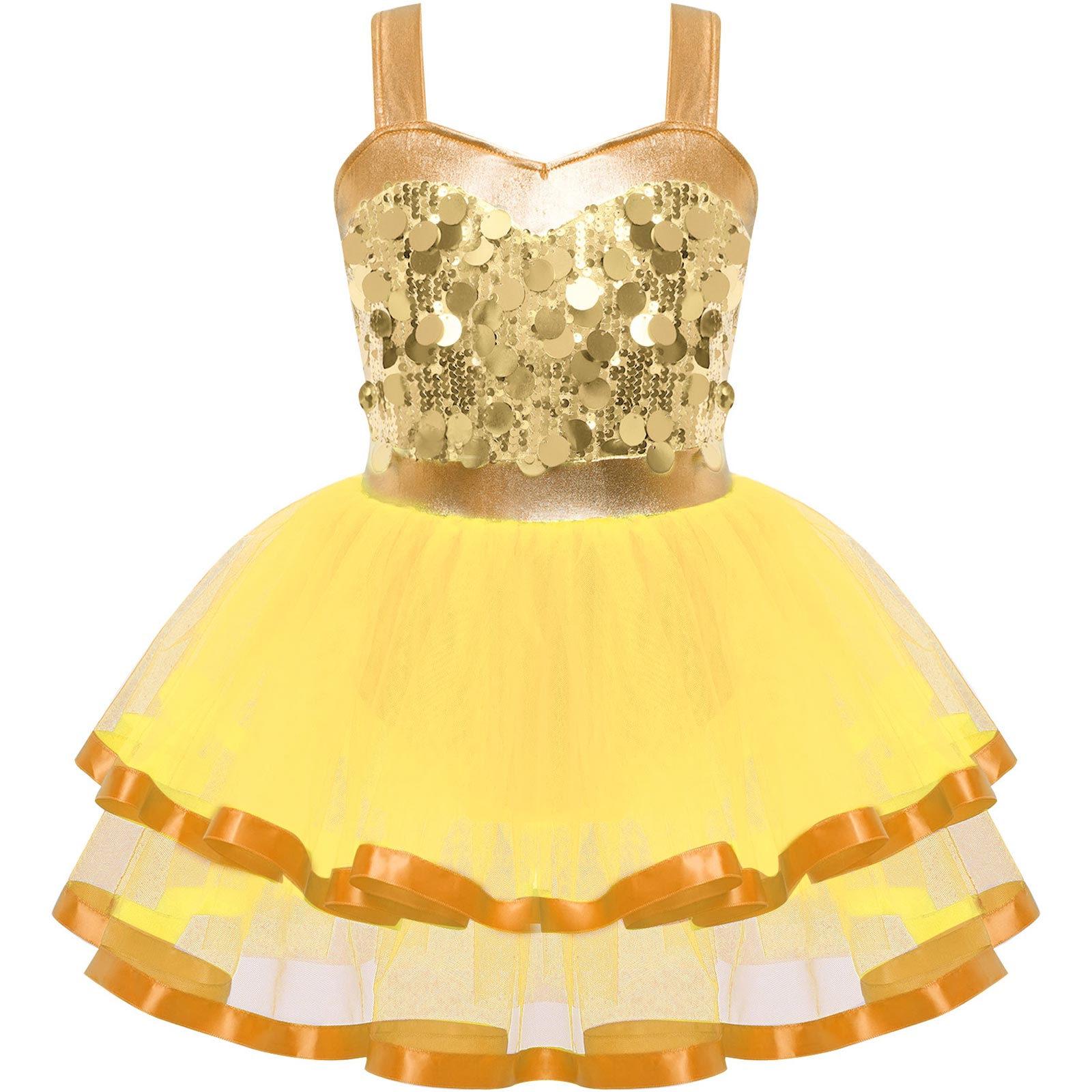 

Платье-пачка для танцев для девочек, без рукавов, цветной блок, сверкающие пайетки, костюм для сцены, для выступления 3-4 Years золотой