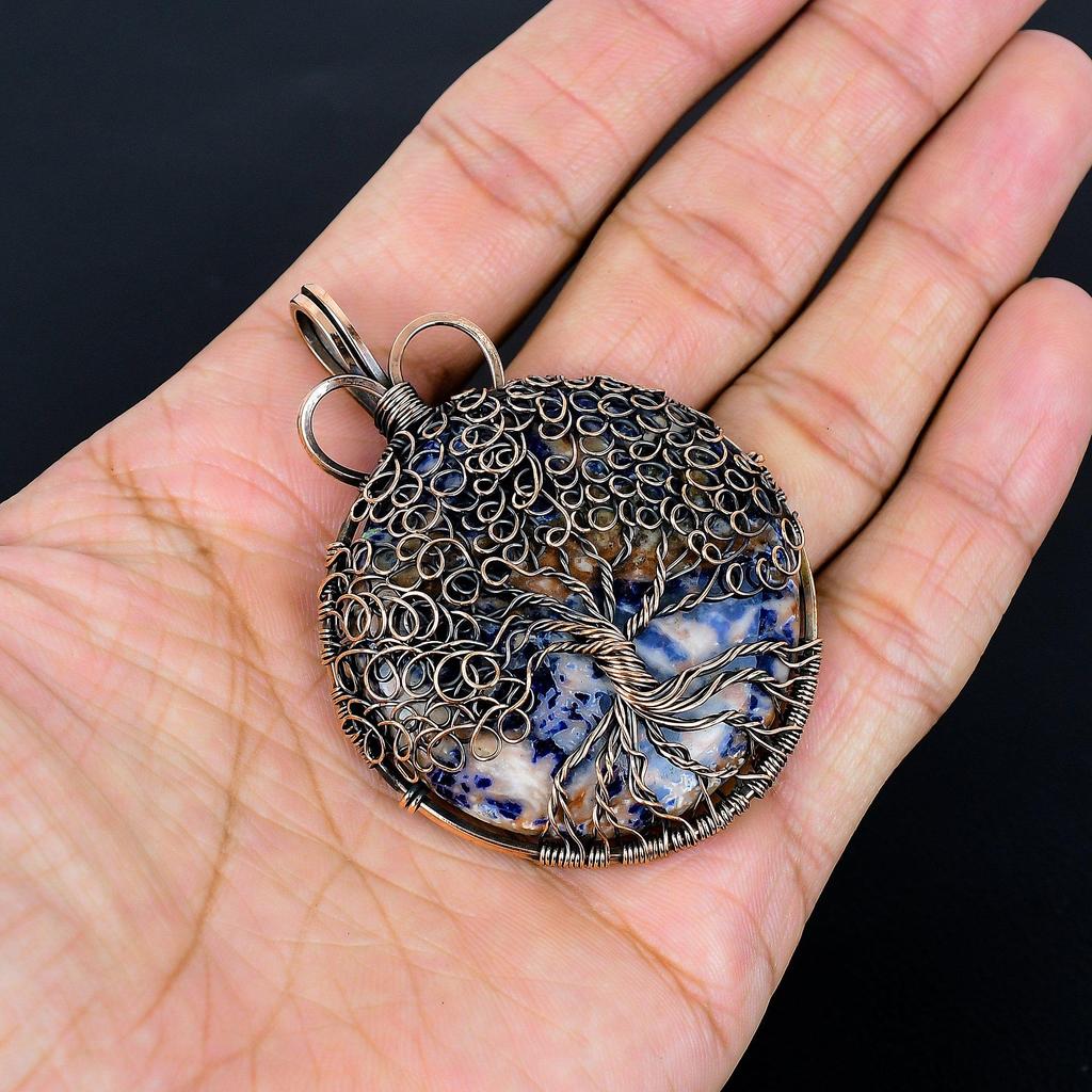 Sodalite Pendant, Handmade Gemstone 999 Copper Wire Wrap Tree Of Life Pendant Antique Jewelry, For Gift Copper Jewelry