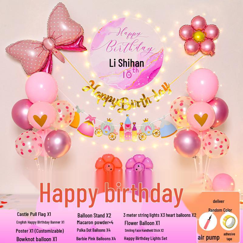 Happy Birthday Balloons for 7-8-Year-Old Girls - Home Party Decoration and Background Wall Decor