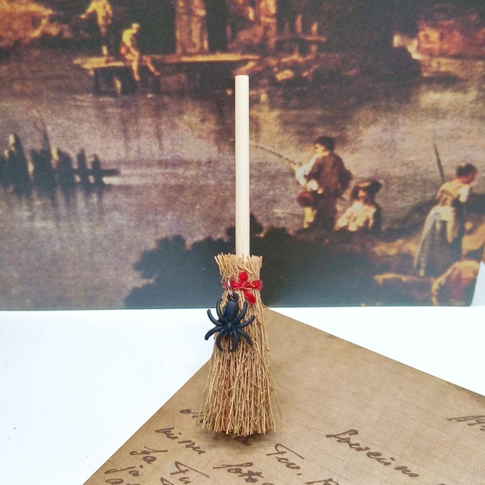 Spider Ghost Halloween Broom Wooden Red Rope Broom Mini Broom Pendant  Halloween Festival