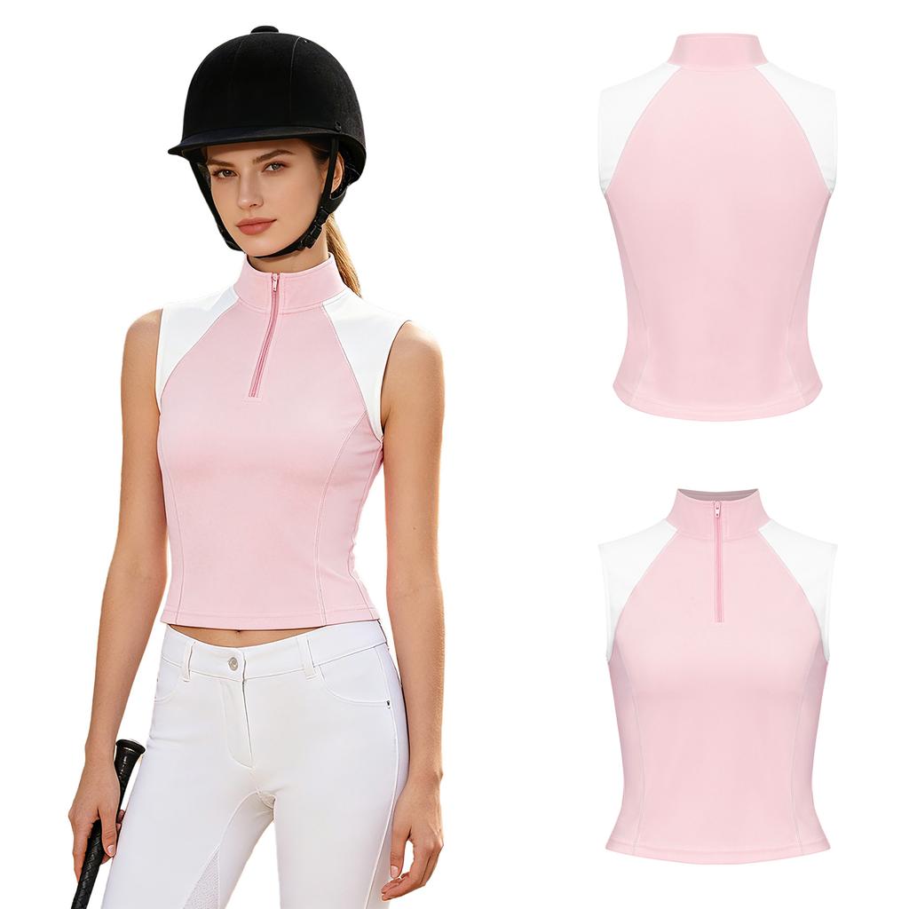 Sleeveless Zip Stand Collar Quick Dry Vest for Women Color Block Horse Riding Tank Top for Golf Tennis Equestrian Sport