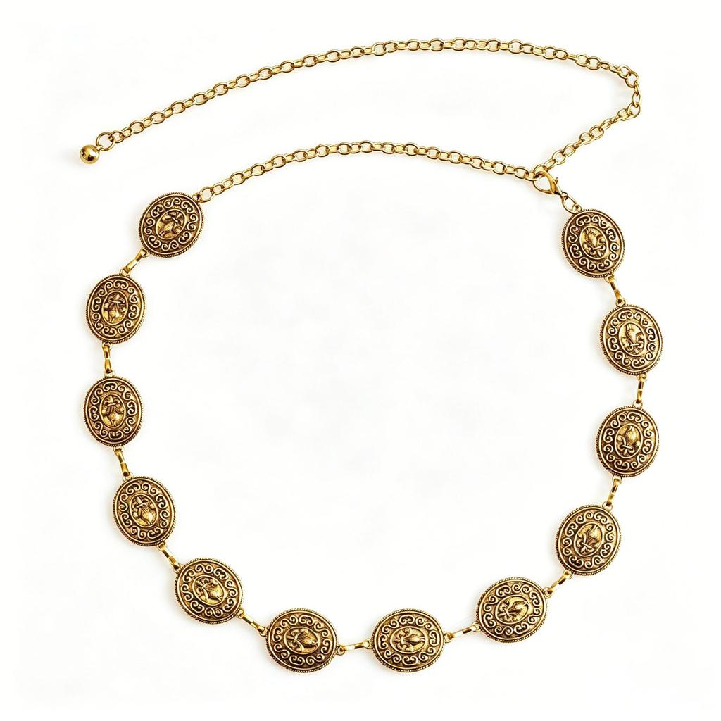 Ethnic Style Old Silver Waist Chain with Retro Carved Round Design - Versatile Clothing Accessory