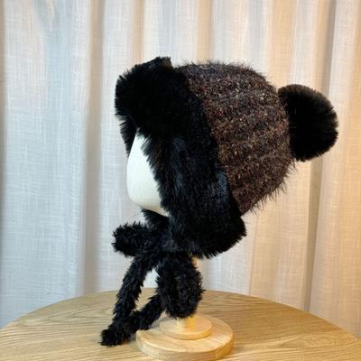 Winter Plush Brown Knitted Lei Feng Hat for Women Double Sided Velvet Warm Ear Protection Hat Versatile and Sweet Pullover