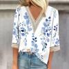 Women's Fashion V-Neck Lace Lace Vintage Floral Print T-Shirt Casual Seven Sleeve Top