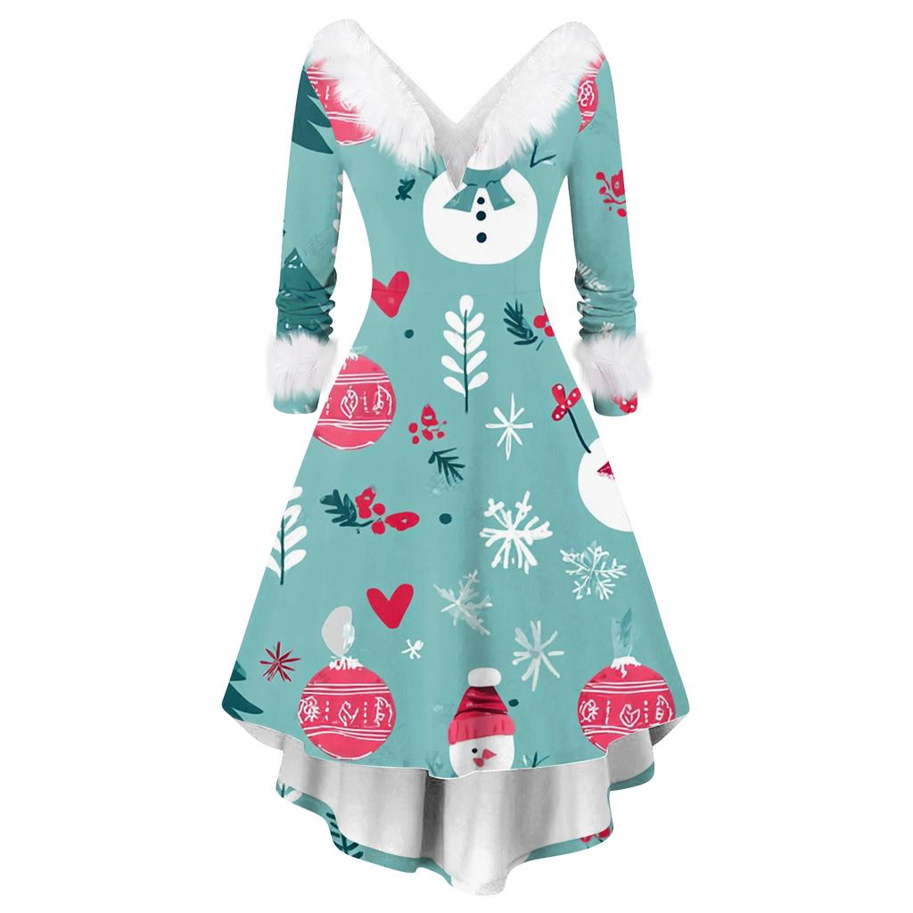 Women's Fashion Elegant Autun And Winter Long Sleeve V-Neck Christmas Print Dress