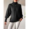 Womens High Neck Knit Sweater Solid Color Pearl Embellished Long Sleeve Pullover Winter Casual Streetwear