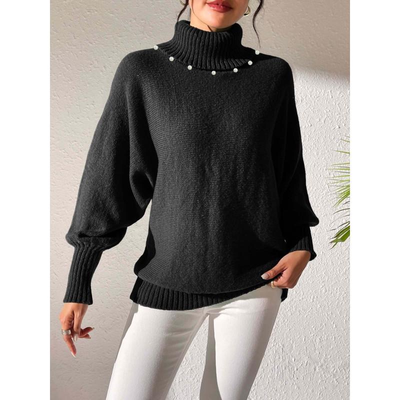 Womens High Neck Knit Sweater Solid Color Pearl Embellished Long Sleeve Pullover Winter Casual Streetwear
