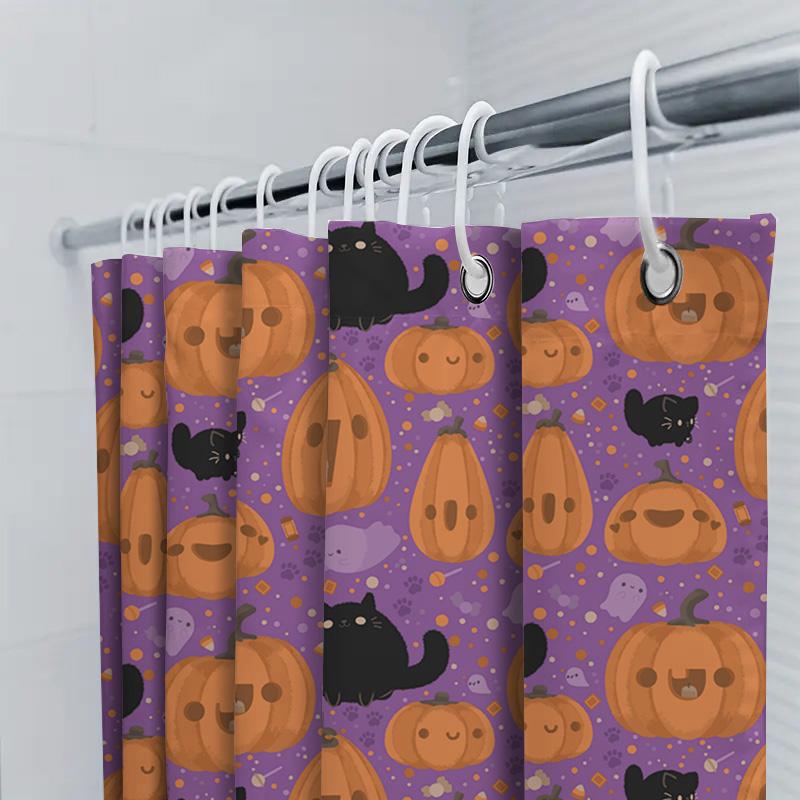 Halloween-Themed Shower Curtain Featuring Pumpkins And Black Cats In Pumpkin Orange Purple Color Scheme Waterproof Bathroom Deco