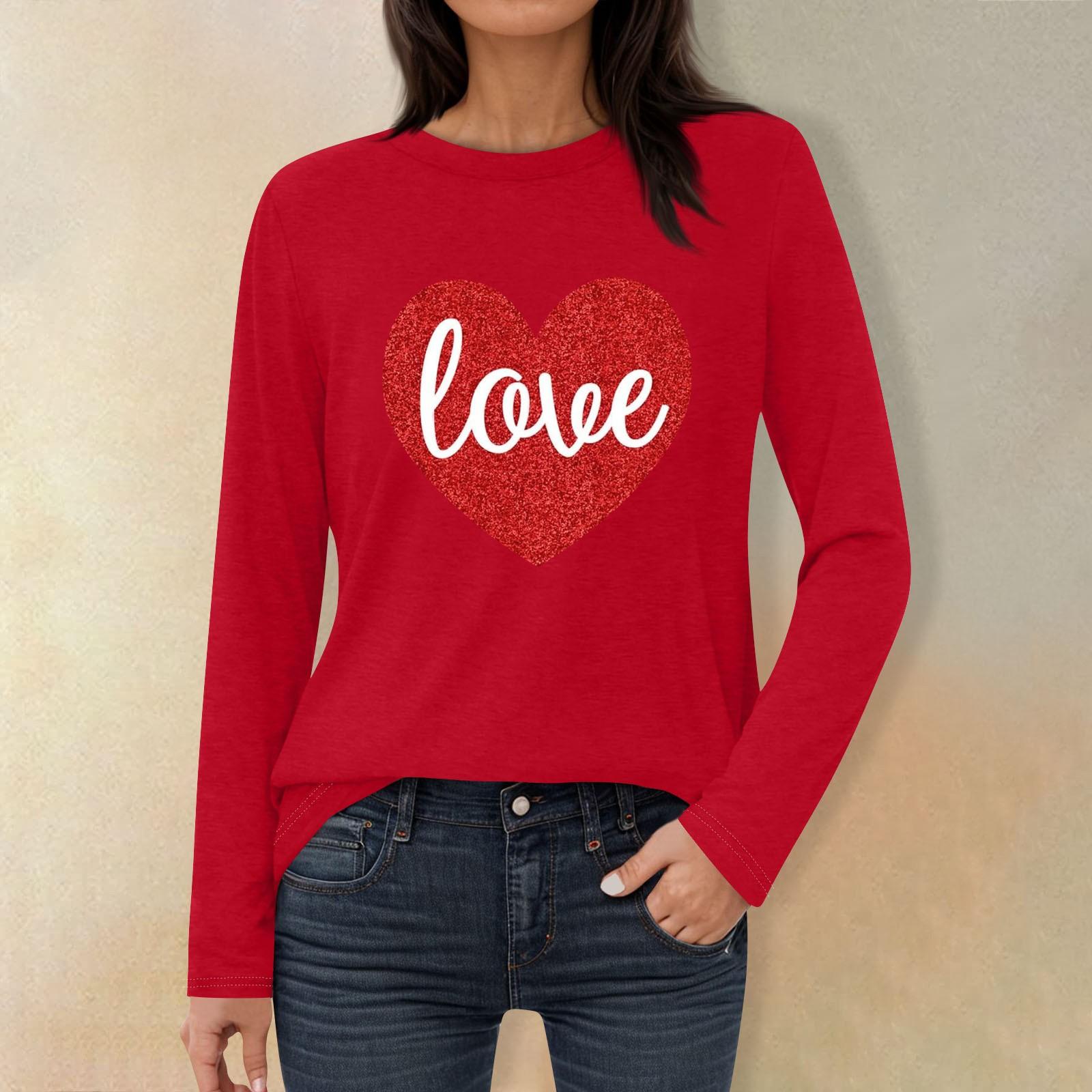 

Жіноча мода повсякденна футболка з круглим вирізом та довгим рукавом з принтом кохання до Дня святого Валентина S Кіновар