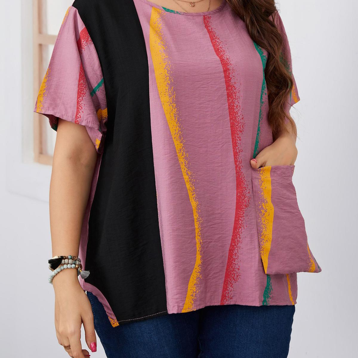 Женская летняя модная рубашка в полоску с принтом в стиле пэчворк и карманами — фото 9