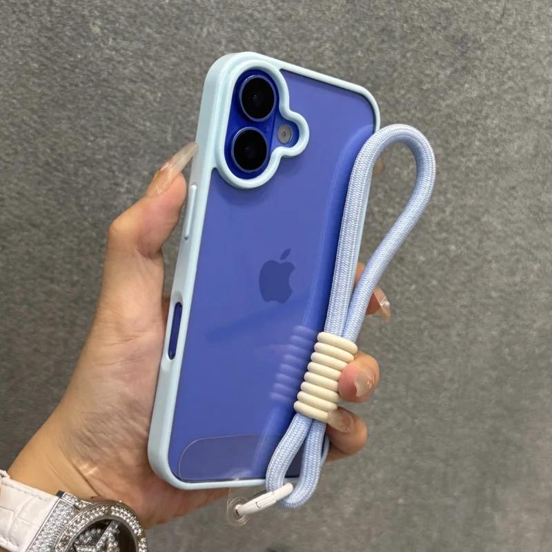 Luxury Candy Color Bumper With Lanyard Phone Case For iPhone 17 16 15 14 13 12 11 Pro Max Plus Clear Acrylic Shockproof Cover
