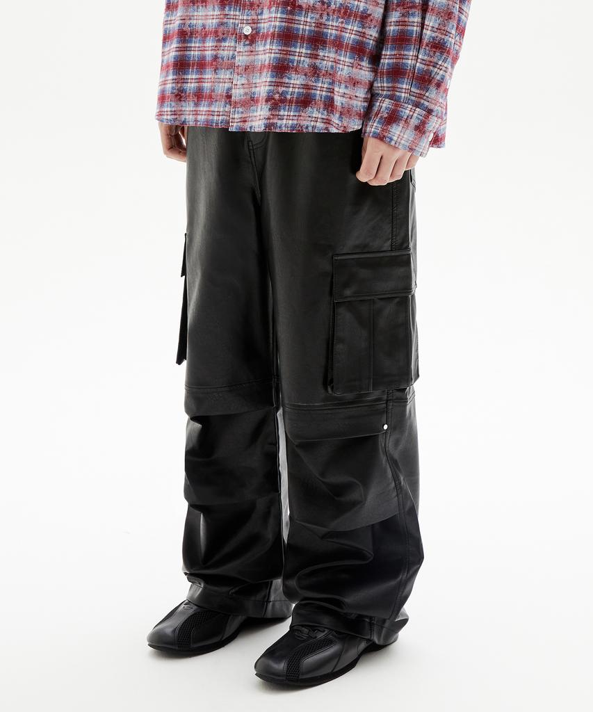 Trillion Parachute Cargo Rivet Vegan Leather Pants (Black)