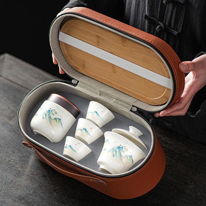 Suet jade white porcelain kung fu tea set cover bowl teacup outdoor portable travel tea set