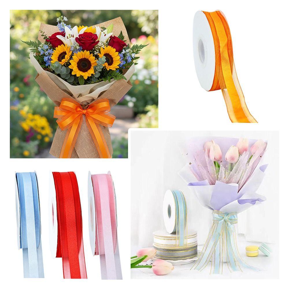 2.5cm Width Organza Ribbon Silver Edge Offset Printing Gold Edged Ribbon Glitter Tulle 45 Yards Length Lurex Ribbon