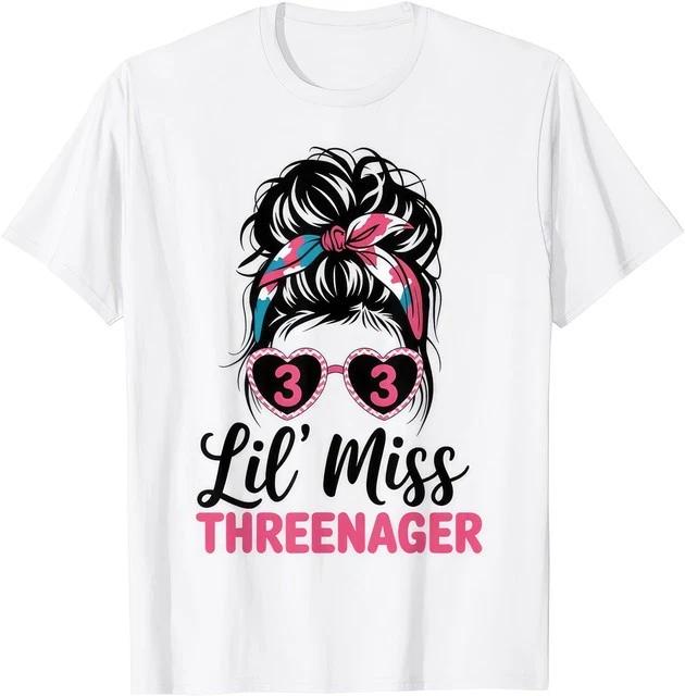 Kids Little Miss Threenager 3rd Birthday Girl Funny Messy Bun T Shirt S