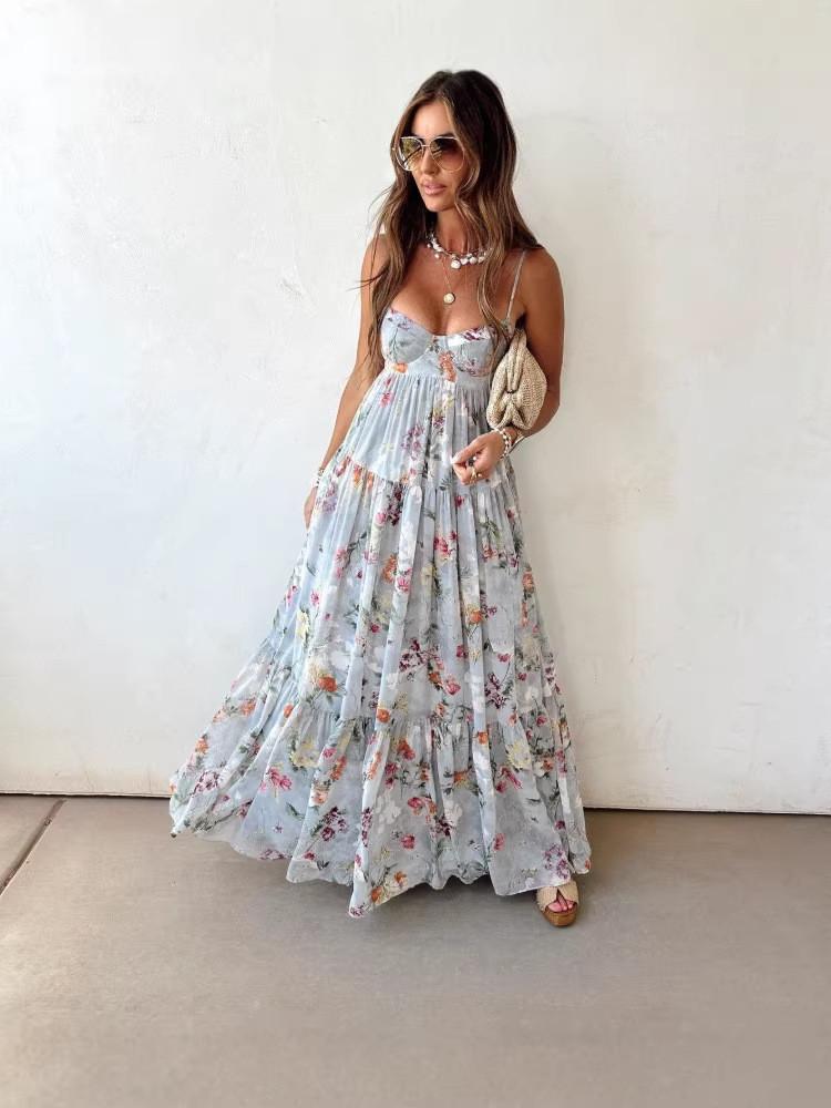 Polyester Floral Print Sleeveless Backless Dress For Summer Elegant Womens Fashion