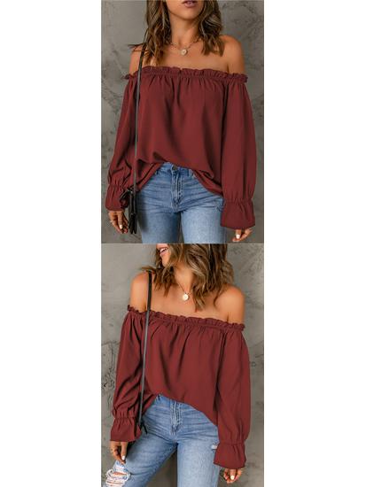 Women's Off-the-Shoulder Chiffon Blouse - European and American Style, Solid Color Pullover for Spring and Autumn, Sexy & Elegant.