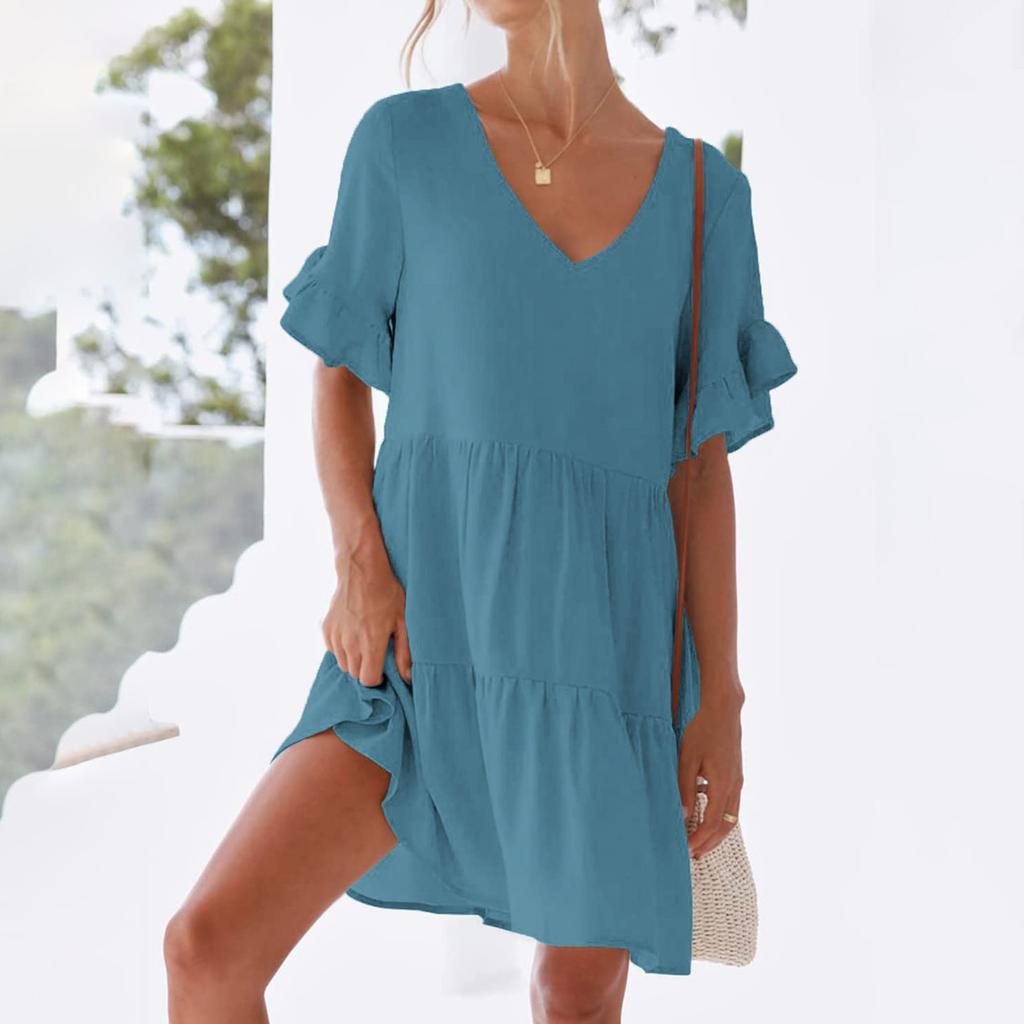 Women's Casual Short Sleeve Down Dress Summer Ruffle Pocket Elastic Waist A-Line Swing Dresses