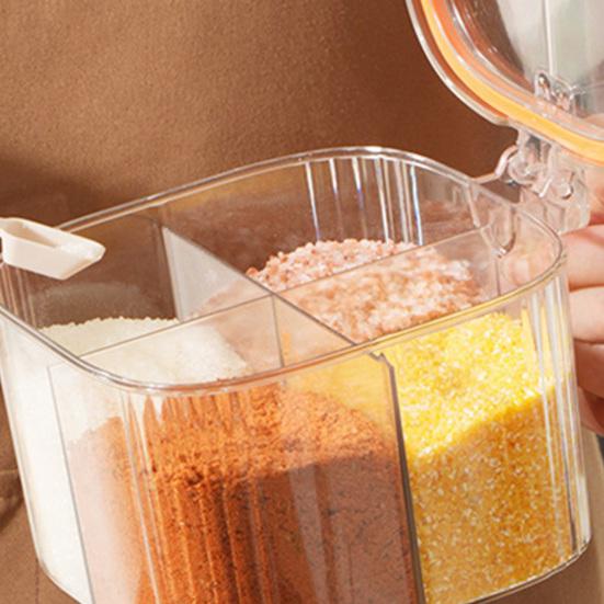 Kitchen Seasoning Jar with Spoon Slot Multi-Compartment Salt Pepper Organizer Transparent Seasoning Box