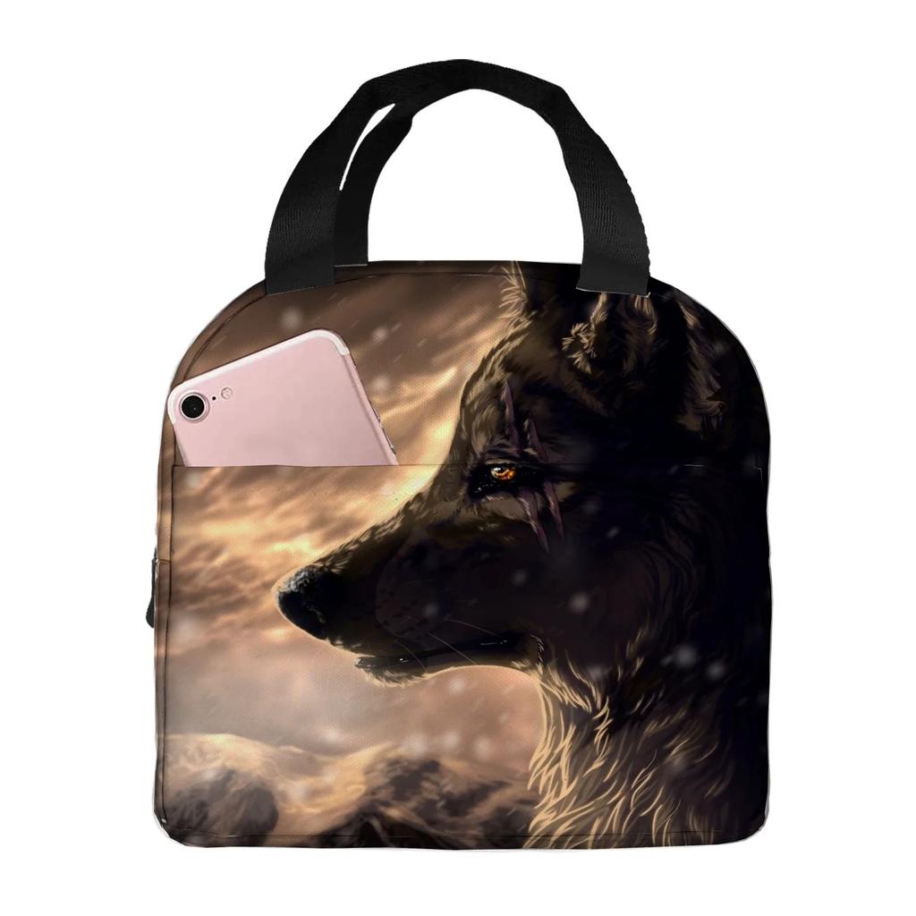 wolf angry animal  Portable Aluminum Foil Thickened Insulated Office Lunch Bag Waterproof Lunchs Bags Tote Bags