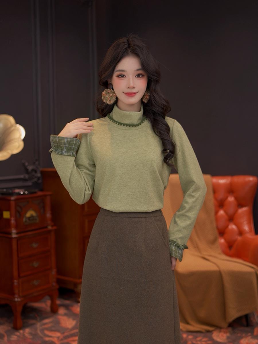 Women s Retro Thermal Layered Look Mock Neck Top - Mid-length, Brushed, Long-Sleeve, Autumn/Winter Wear S зелёный