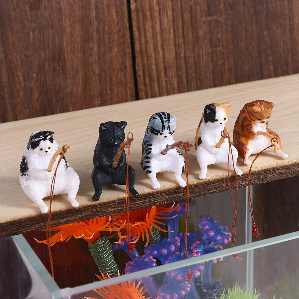 Handicraft Craft Bonsai Aquarium Tanks Decor Miniature Figurines Cat Statue Kitten Fishing Ornament Fish Tank Ornaments