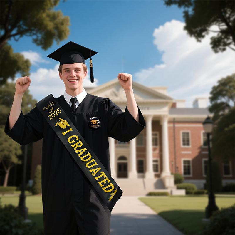 1/2/3Pc Class Of 2026 Black Golden Satin Sash Bachelor Cap With Tassel Graduation Shoulder Strap Congrats Grad Party Photo Props
