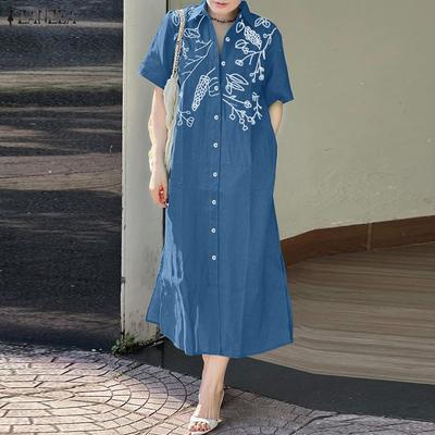 Women Casual Turn Down Collar Short Sleeve Print Shirt Dress