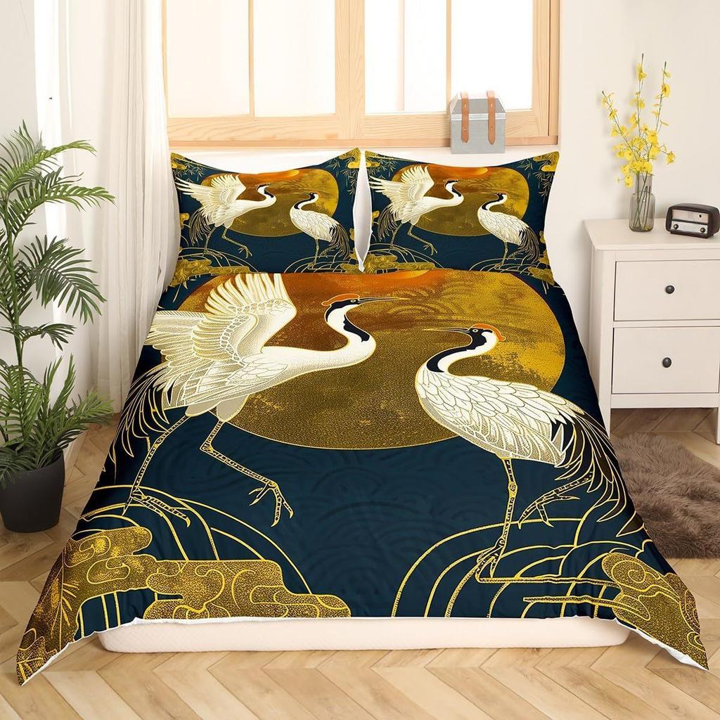 Crane Duvet Set Japanese Tree Bedding Three-Piece Room Decoration Animal Ukiyo-E Style Quilt Cover