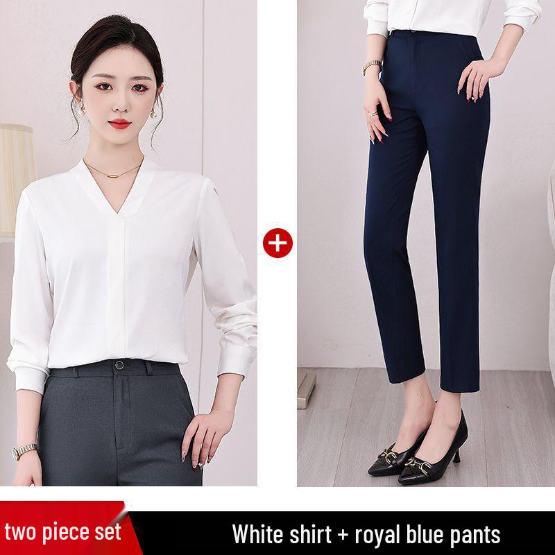 Formelles Damen-Anzugset mit V-Ausschnitt Chiffon Weißes Hemd