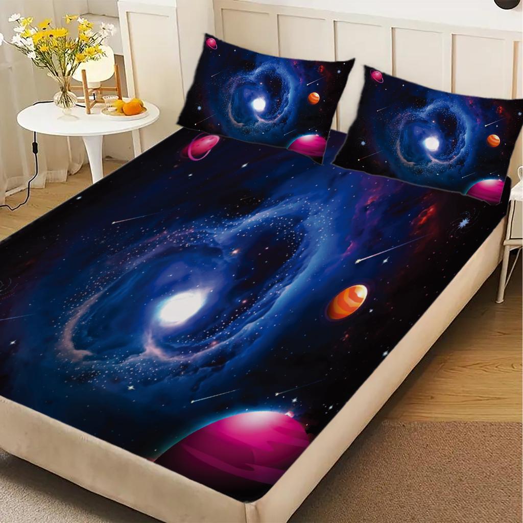 3pcs Cool Fitted Sheet Gifts For Teen Boys Bedroom Decor Vivid Cosmic Galaxy Nebula Planets Stars 3D Print Washable Flat Sheet