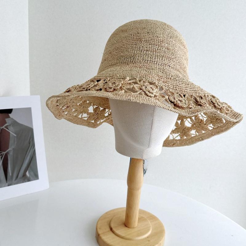Summer Raffia Straw Sun Hat for Women Wide Brim Floral Crochet Beach Hat 100% Natural Staw Bucket Hats