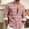 Men's Lapel Long-Sleeved Shirt with Printed Greek Key Pattern, Stylish, Handsome, Vintage, and Comfortable Men's Top.