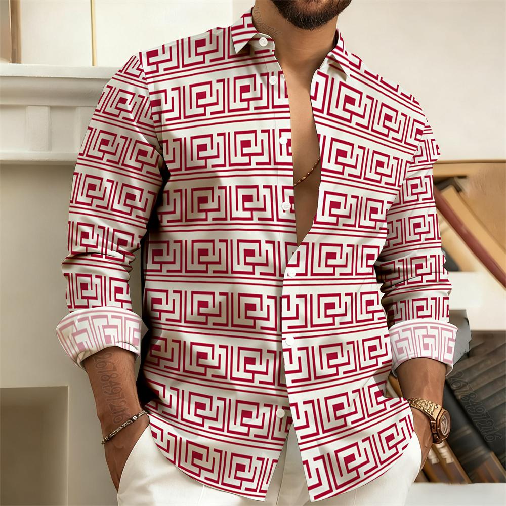 Men's Lapel Long-Sleeved Shirt with Printed Greek Key Pattern, Stylish, Handsome, Vintage, and Comfortable Men's Top.