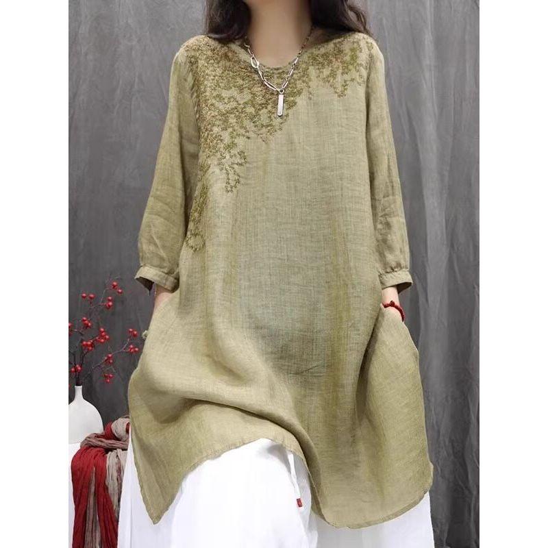 

Big Sale Leak-Picking Export Export Women s Clothing Ramie Retro Embroider Loose Western Style Mid-Length Linen Short-Sleeved Shirt Dress Green M