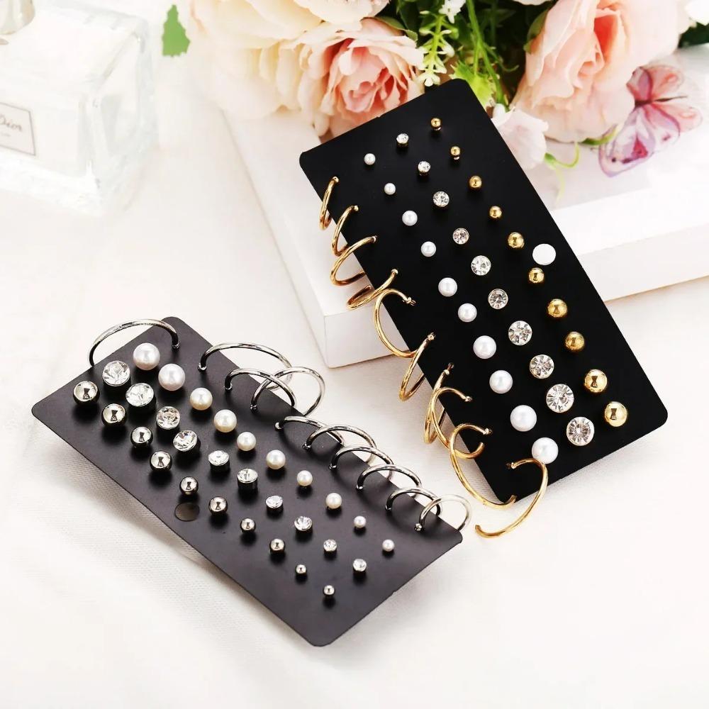 Women Pearl Stud Earrings Set Geometric Crystal Small Earrings 20-30 Pairs Fashion Jewelry