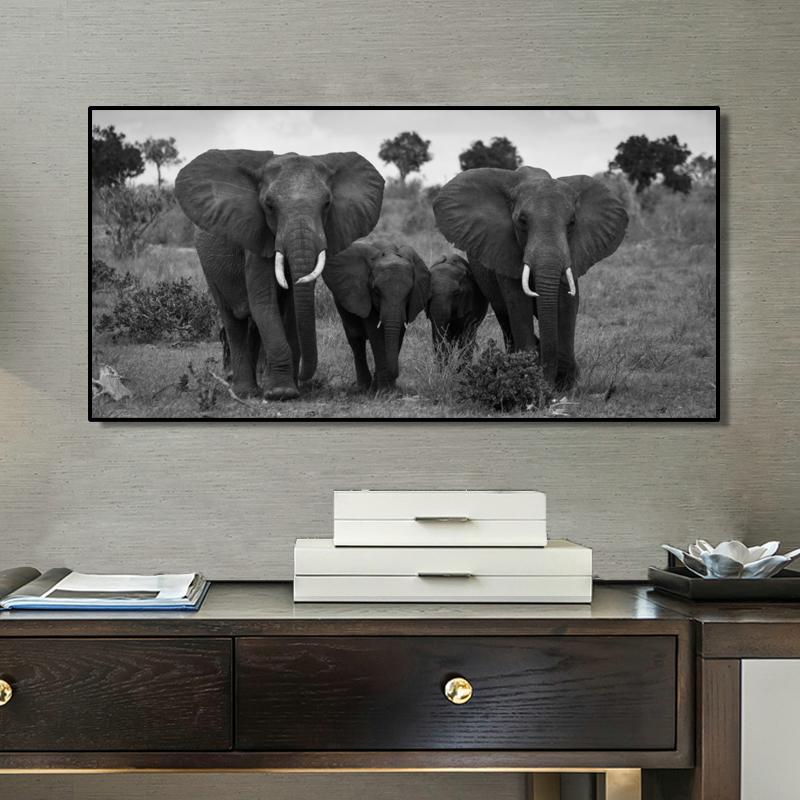 Black and White Animals Poster Print Wall Art Canvas Painting African Wild Elephant Family Picture On the Wall Home Decoration