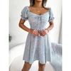 VEZFAA Damenmode Sommer Frühling Blumenmuster Druck Kurzarm Quadratischer Kragen Hohe Taille Freizeitkleider