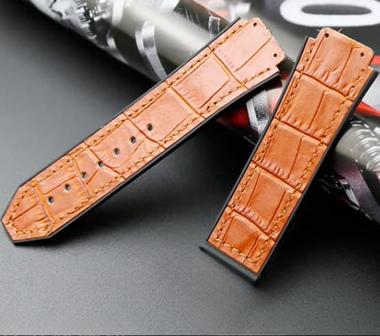 [syzynicy] Men's Rubber Strap with Cowhide Leather Top Layer, Silicone Bottom, Compatible with Hublot Big Bang Genuine Leather Straps (Orange)