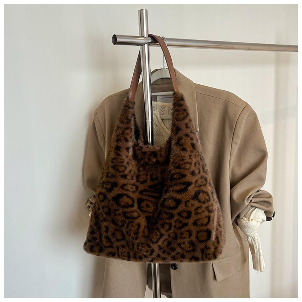 Hobo Bag for Women Plush Black Leopard Print Single Shoulder Carry Daily Use